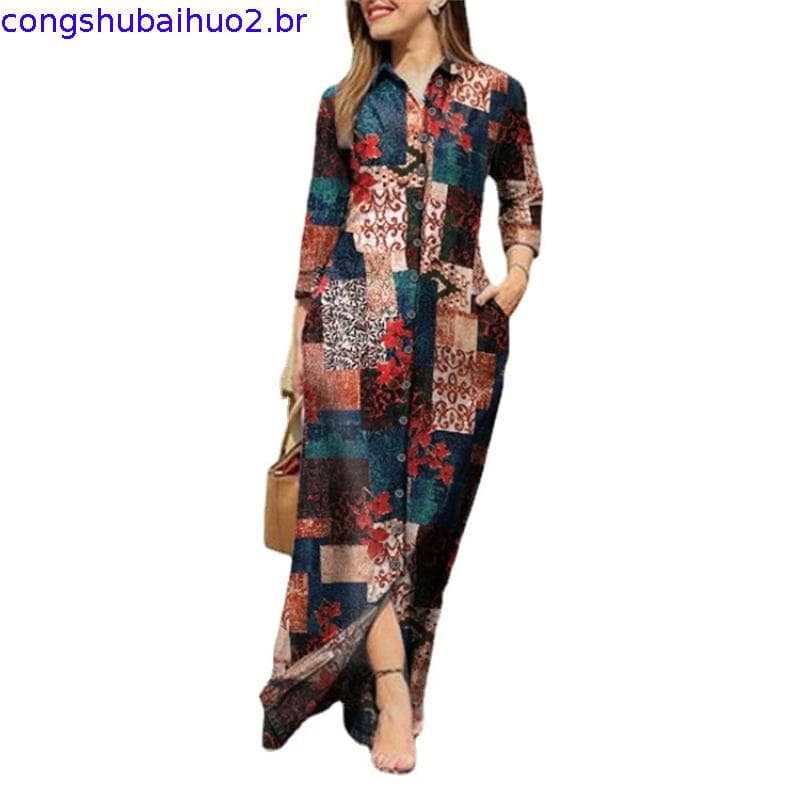 Vestido Maxi Casual Feminino com Estampa Floral, Gola de Lapela e Botões N0425