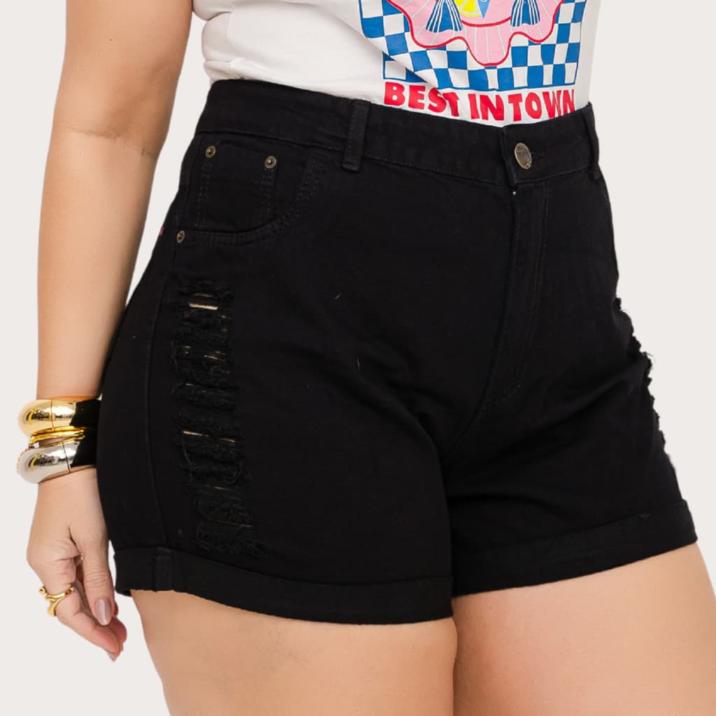 Short Jeans Feminino Plus Size Preto Destroyed ModaZ