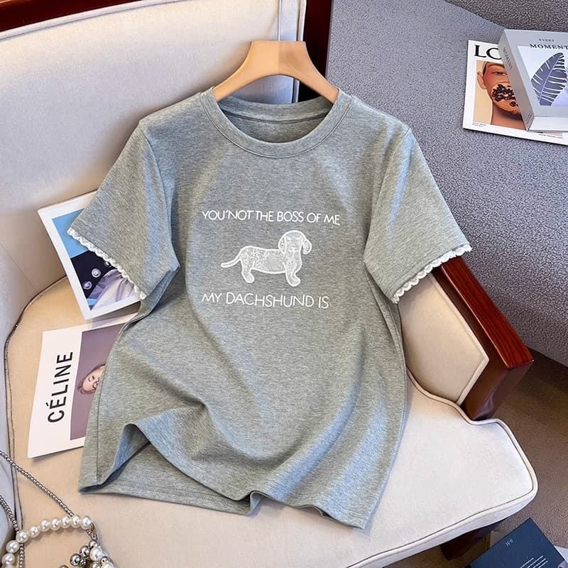 Novo estilo de renda camiseta senhoras em torno do pescoço mais magro olhar impresso de manga curta Plus Size senhoras t