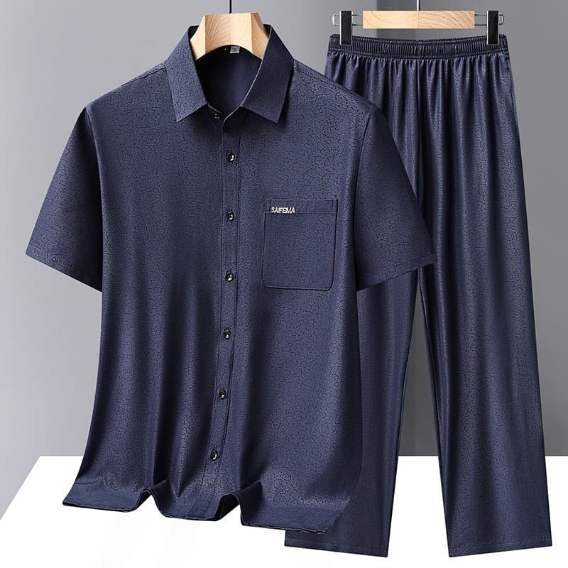 Camisa de manga curta de cetim para homens idosos de meia-idade terno pai vestido de verão seda gelo fina camisa Casual