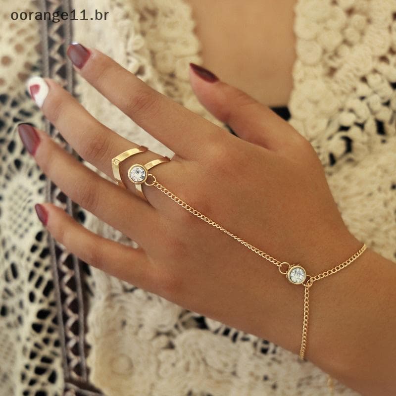 Pulseira De Anel De Cristal Grande Dourado OORAN Para Mulheres Corrente De Pulso Joias Traseira De Mão
