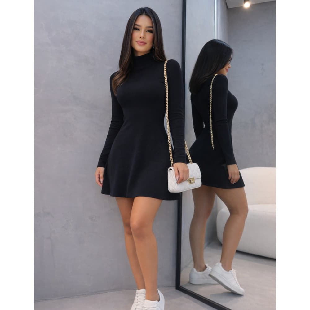 Vestido Curto Rodado 60020 Inverno Tricolinho Manga Longa Gola Alta Lindo Quentinho Flanelado