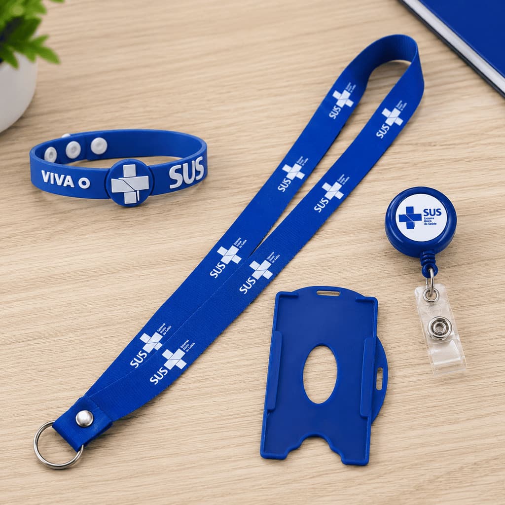 Kit SUS Pulseira Silicone + Cordão Porta Crachá com Roller Clip Resinado Identificação Hospitalar Premium