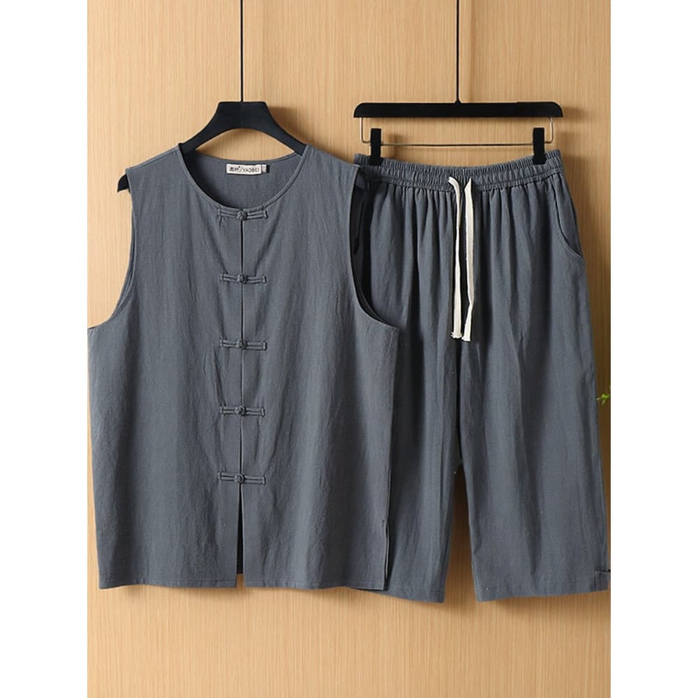 Terno para idosos de meia-idade, colete estilo chinês, roupas de pai, calças de linho de algodão, roupas masculinas de l