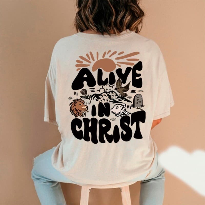 Camiseta Feminina Oversized Frase Cristã "Vivo em Cristo" Estampa Gospel Religiosa Jesus