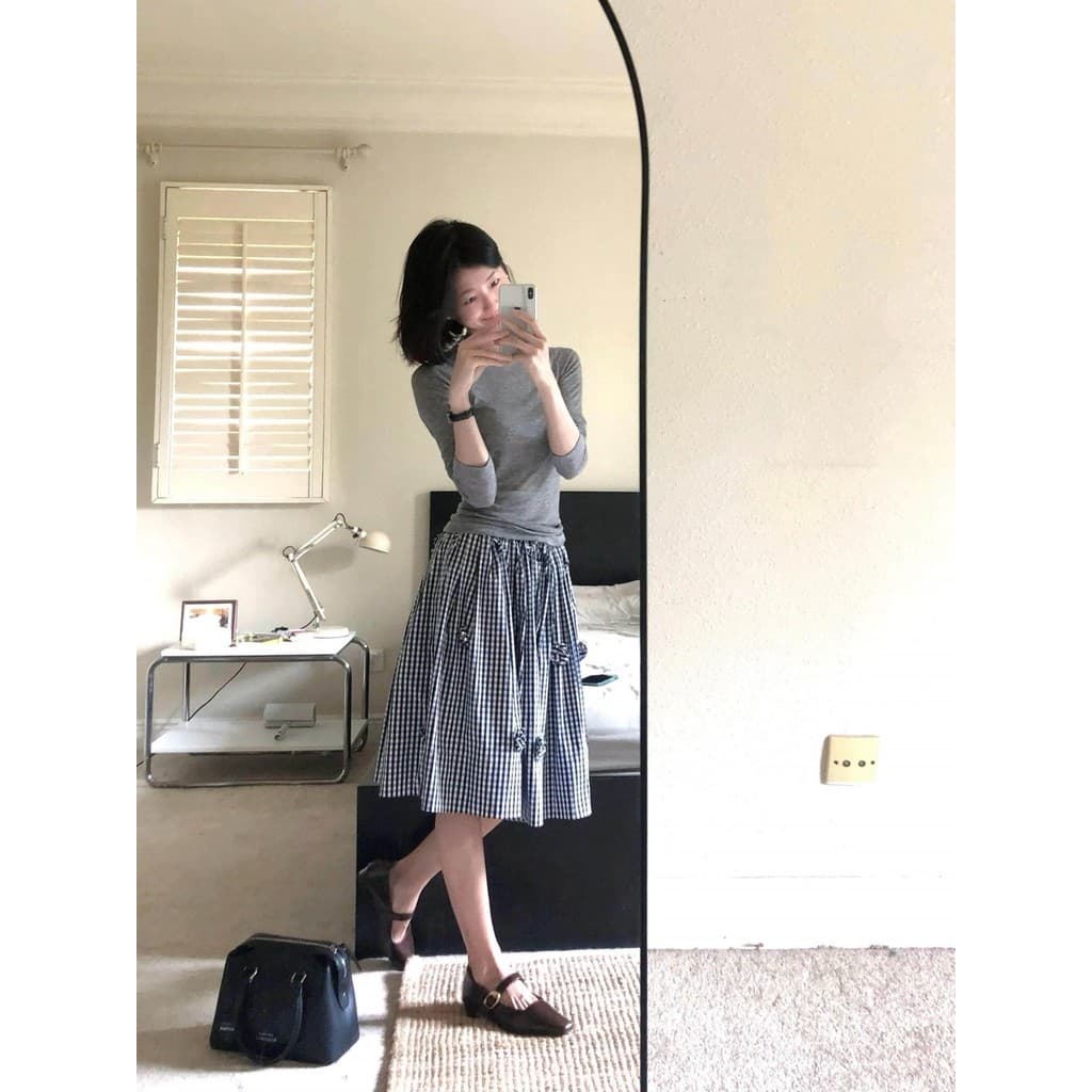 PANiANiA Feito à Mão Tridimensional Flor miu Série Azul Branco Xadrez Mid-Saia Verão Forma de Pêra Cobrindo Virilha Saia