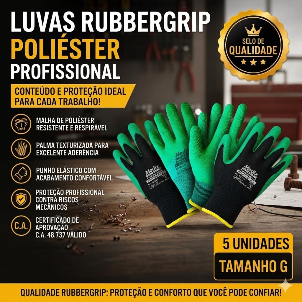 Kit 5 Luvas Rubbergrip Poliéster Profissional Verde G Ca48737