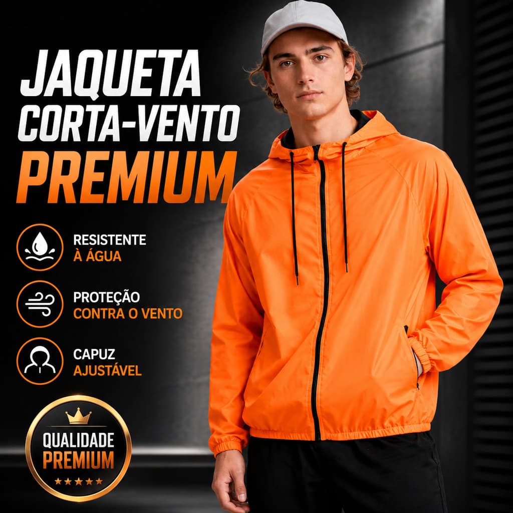 Jaqueta Corta Vento Masculina Sport Térmica UV50 Laranja Neon Capuz