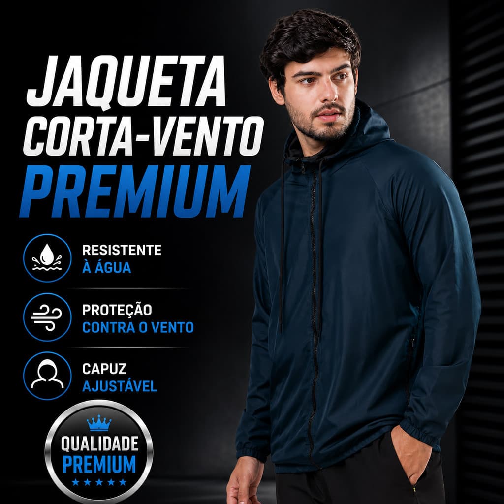 Jaqueta Corta Vento Masculina Sport Térmica UV50 Azul Marinho Capuz