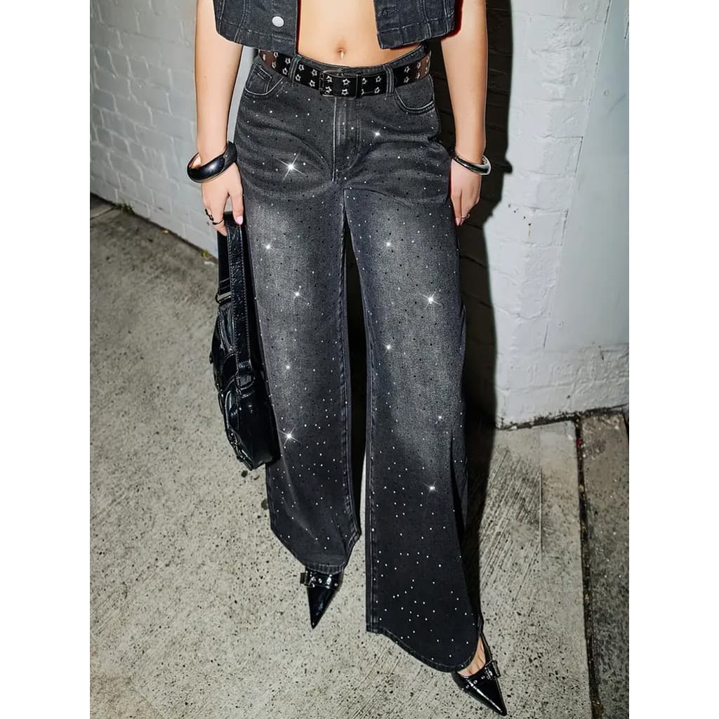 [Venda quente] Calças jeans Flash com strass quente moda jeans de perna larga calças femininas para esfregar o chão [env