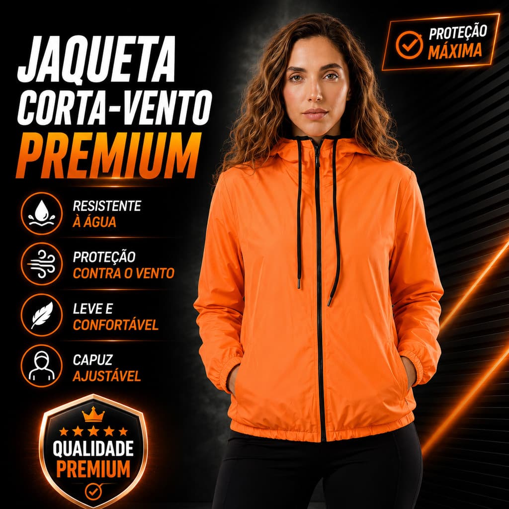 Jaqueta Corta Vento Feminina Sport Térmica UV50 Laranja Neon Capuz