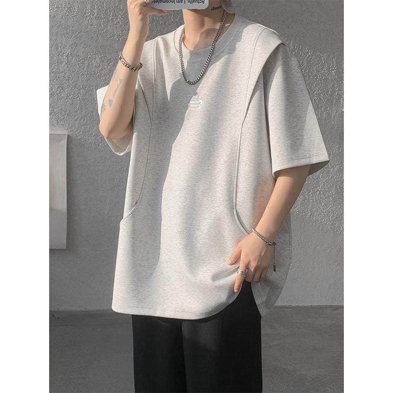 Falso de duas peças solto em torno do pescoço de manga curta camiseta masculina verão 2026 novo estilo masculino topo bo