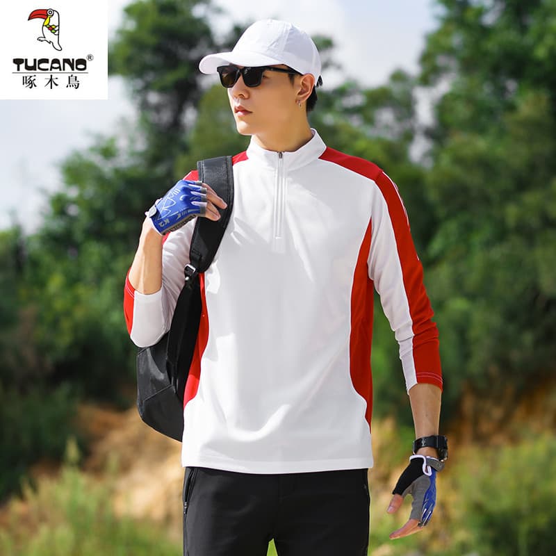 Woodpecker masculino ao ar livre estiramento respirável roupas de secagem rápida meio zíper gola alta caminhadas escalad
