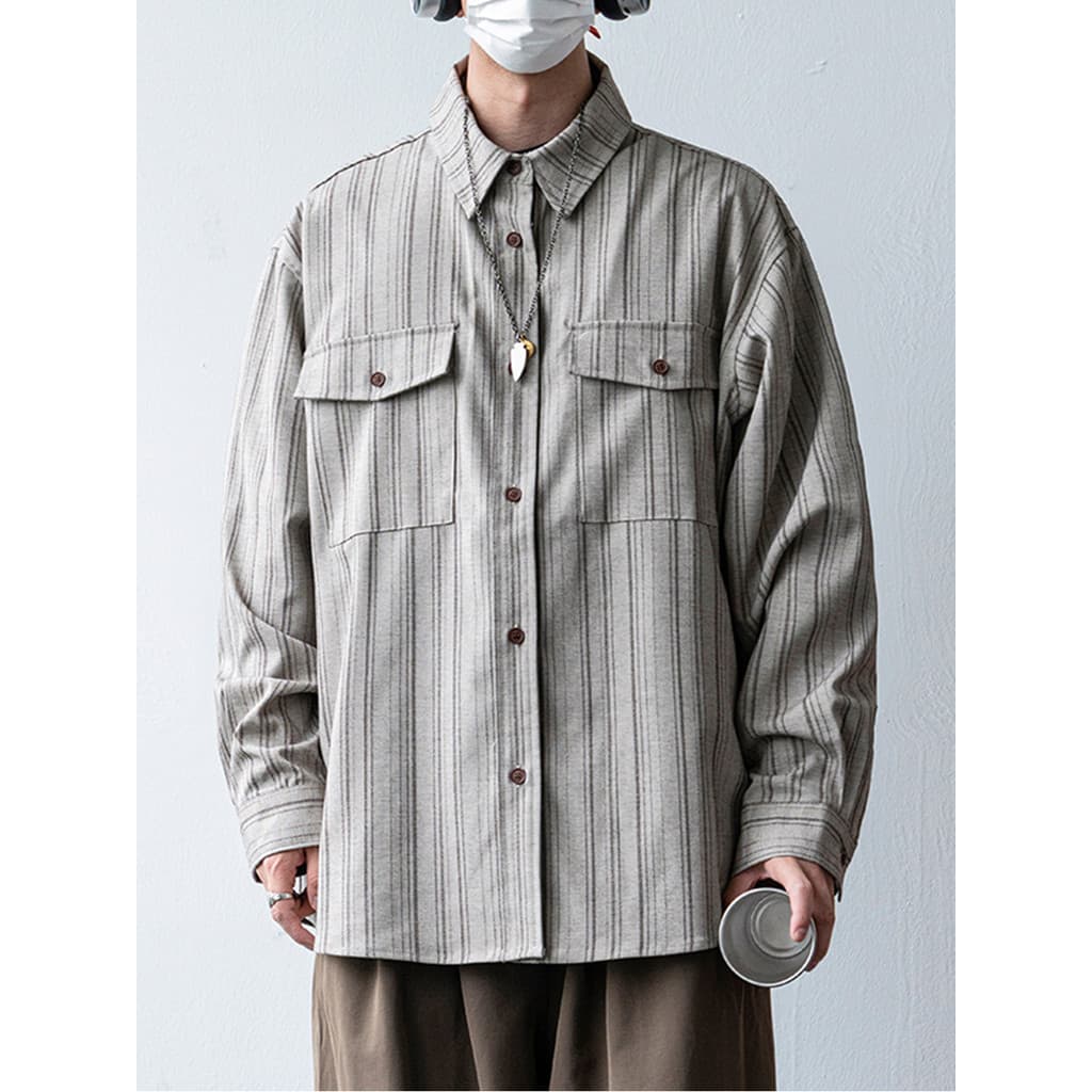 Primavera outono japonês Retro listras verticais camisa de manga comprida meninos solto estilo Preppy Multi-bolso macacã