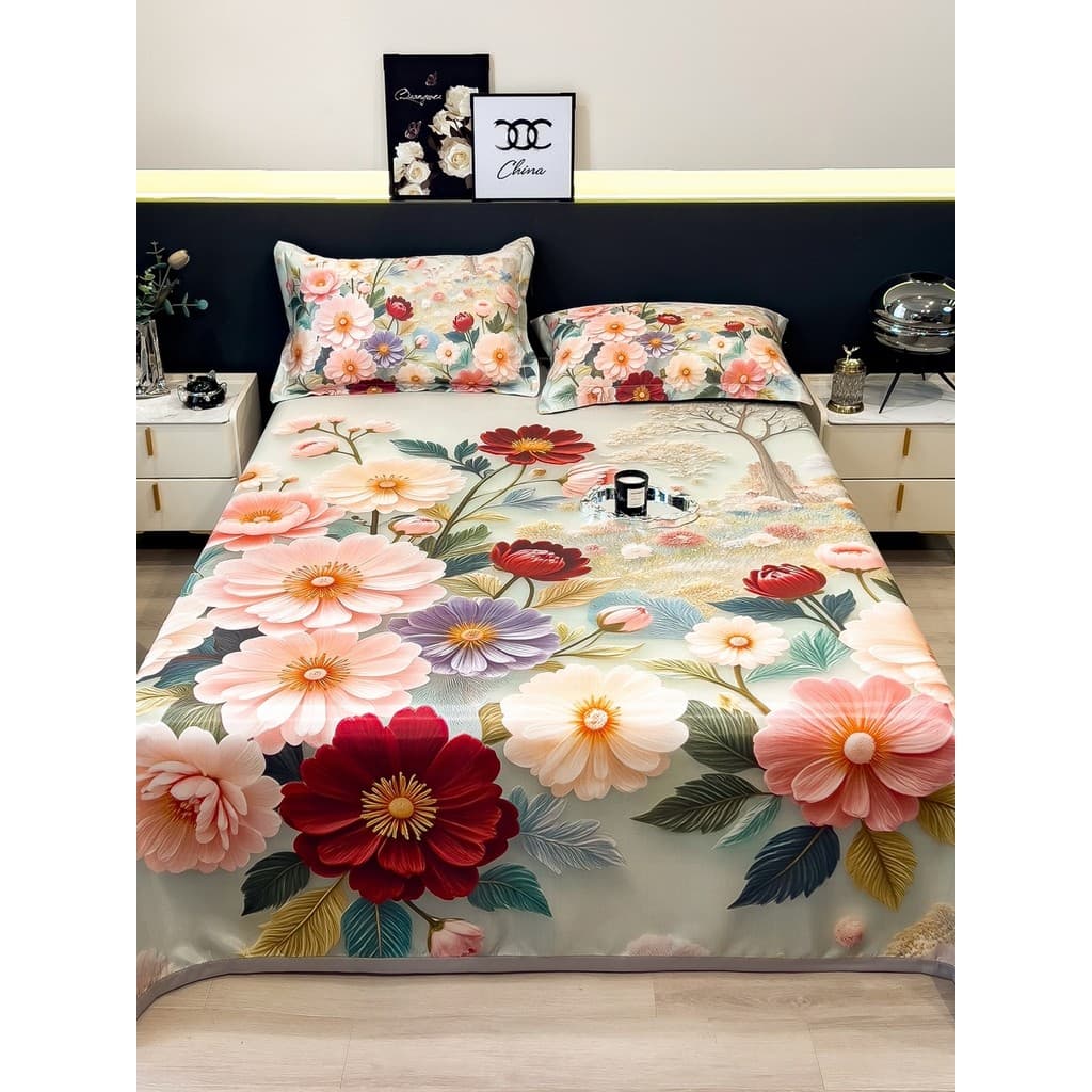 Impressão Digital versão grande tapete de seda gelo de alto peso conjunto de três peças cama de verão multifuncional con