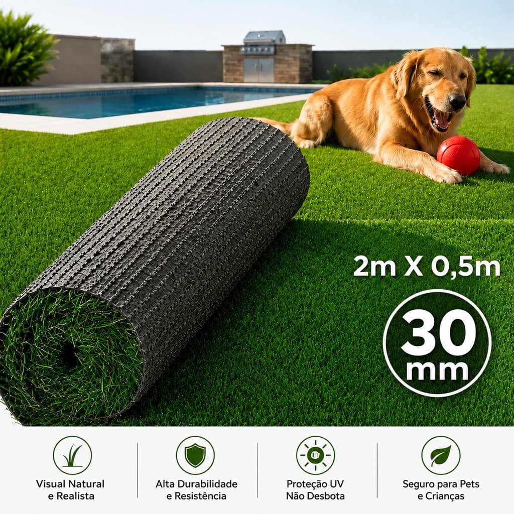 Grama Sintética 30mm - (1m²) 2mX0,5m Verde Jardim Varanda Playground Proteção Uv