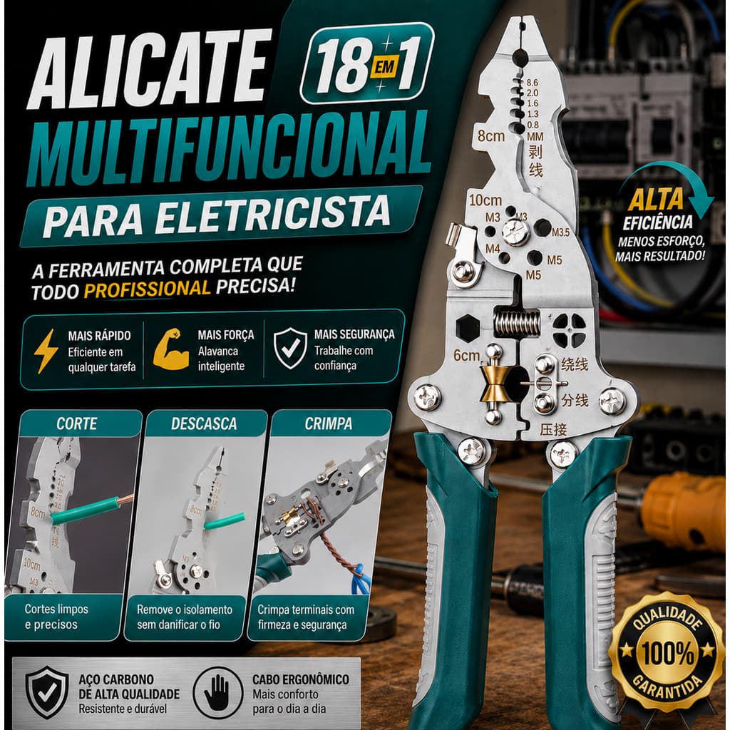 Alicate Automático Dobrável 18 Em 1 Eletricista tem Crimpagem precisa Decapagem sem dano e compatível com fios comuns