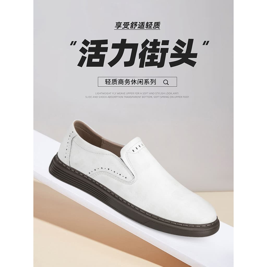 Sapatos de couro casuais brancos respiráveis masculinos 2026 novo estilo 37 sapatos masculinos deslizamento em ervilhas
