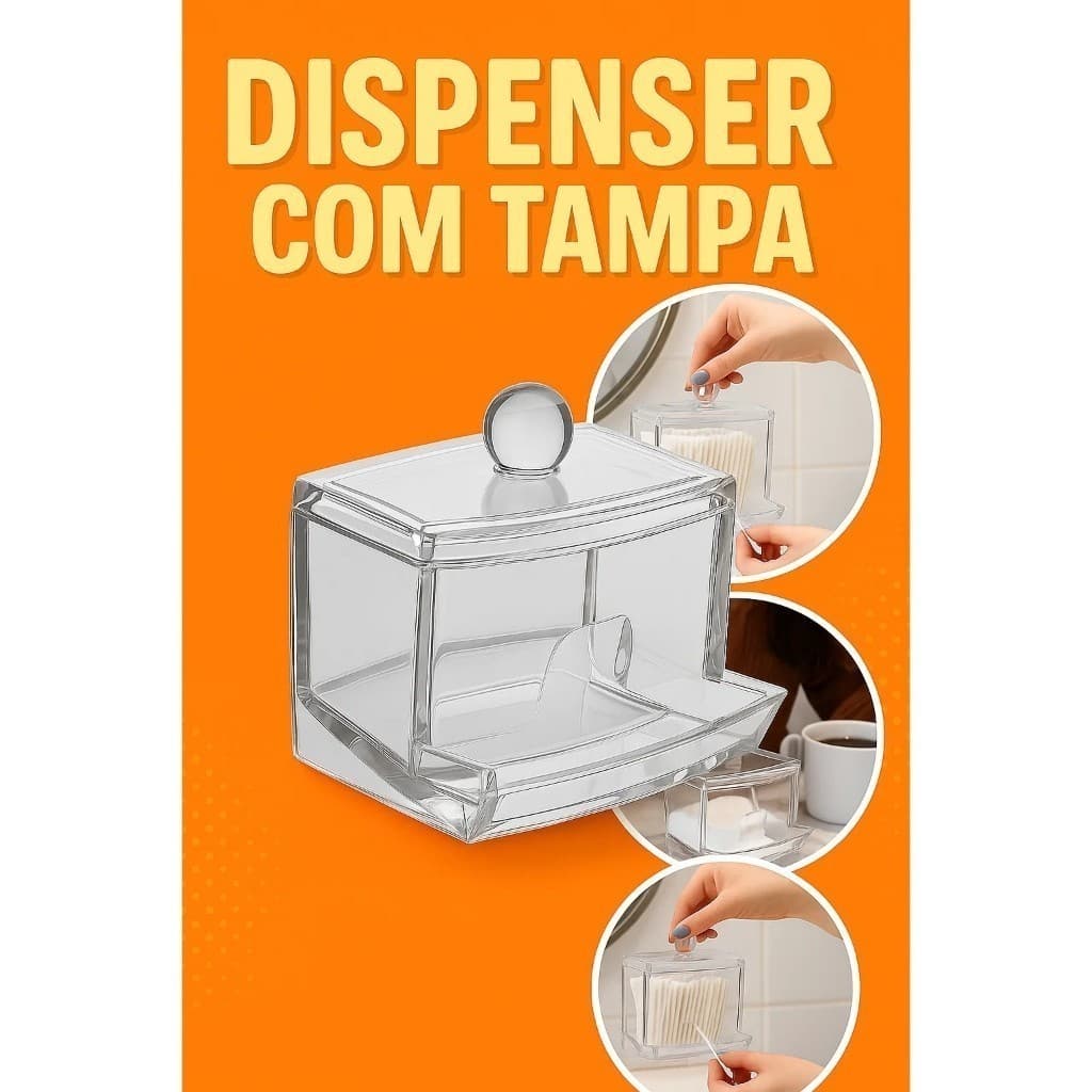 Dispenser Acrílico para Cotonetes com Tampa Transparente