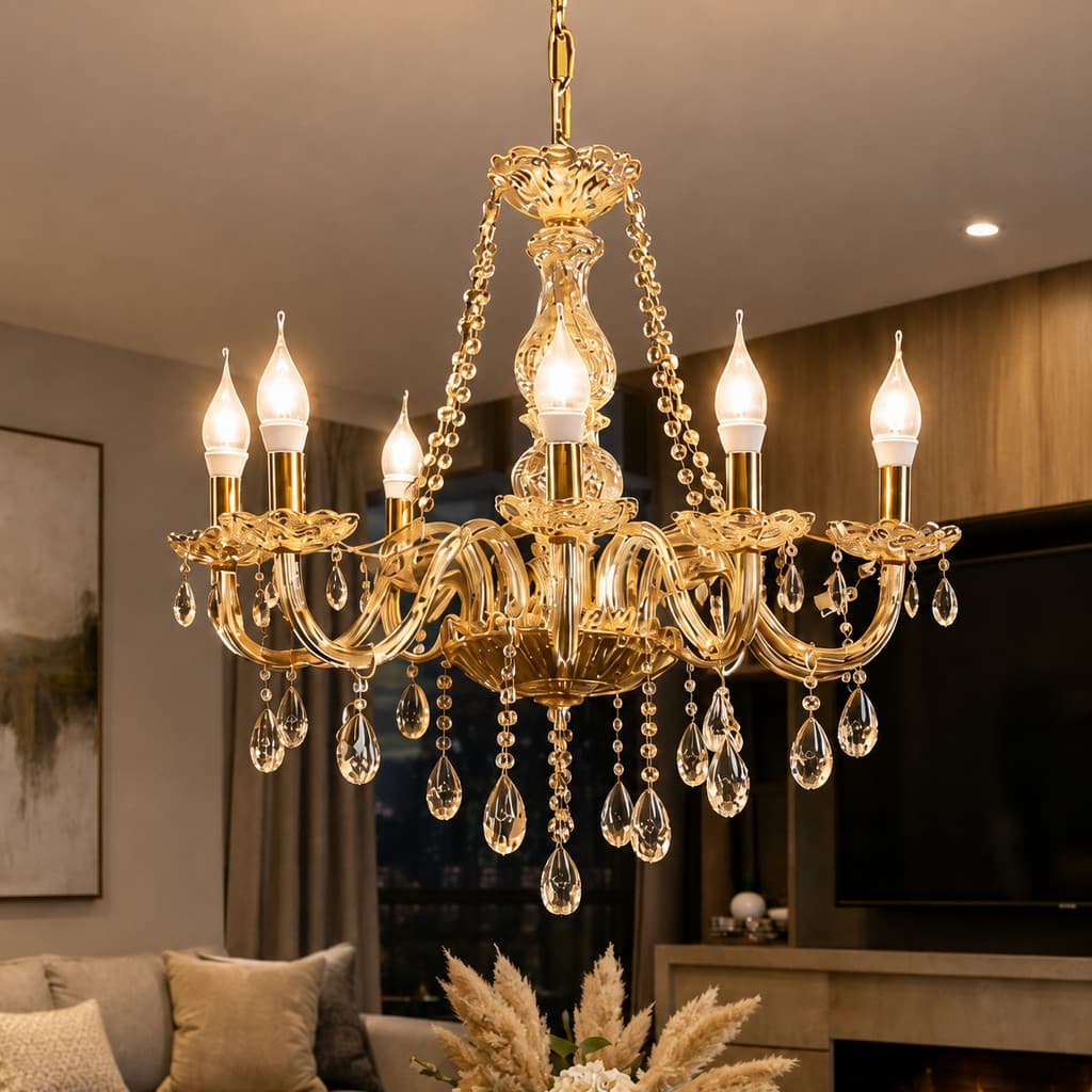 Lustre De Cristal Legitimo Luxuoso Âmbar 6 Braços Luminária Pendente Sala De Jantar Paylow