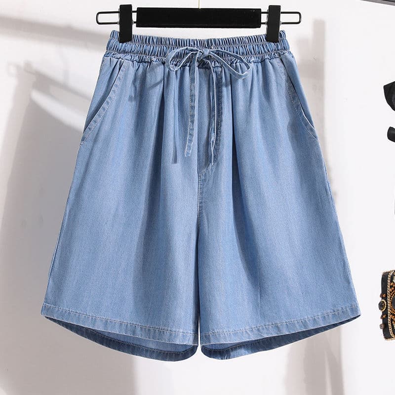 Calças Curtas Femininas Shorts Jeans Finos De Seda Gelada Casual Cinco Pontos Soltos Perna Larga Cintura Alta Evasê