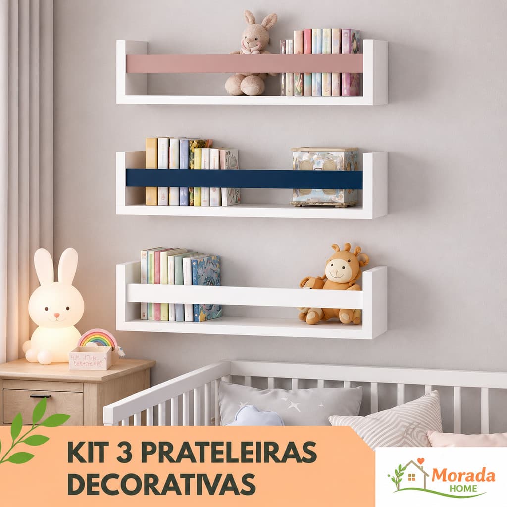 Kit 3 Prateleiras Decorativas de Parede em MDF Branco – Nichos para Sala, Quarto, Cozinha e Escritório