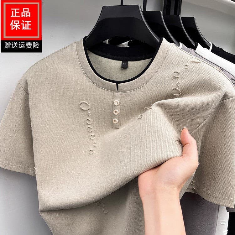 Mercerizado algodão de manga curta camiseta masculina verão estilo fino rasgado Design sentido camiseta masculina solta