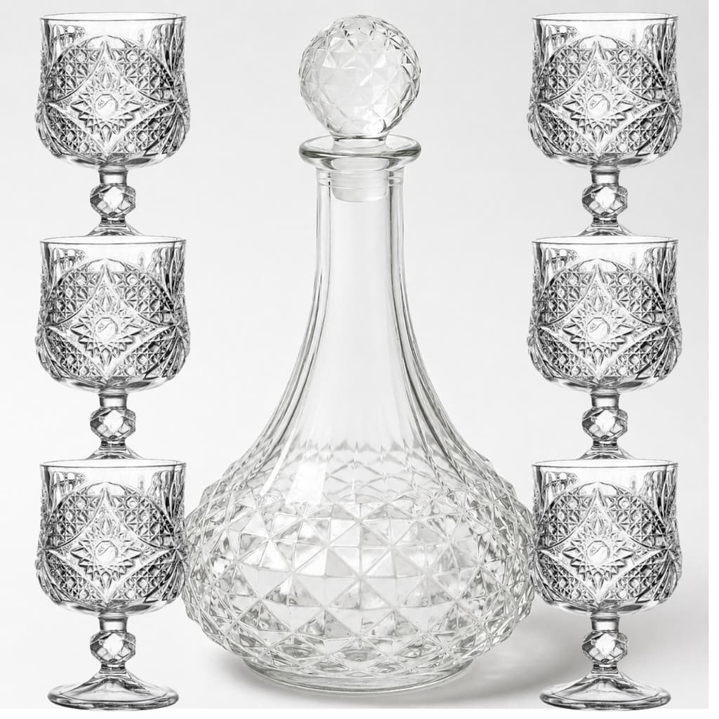 Garrafa De Vidro Licoreira  + 6 Tacinhas Dose Cristal Lapidada Whisky Licor Decoração Redonda