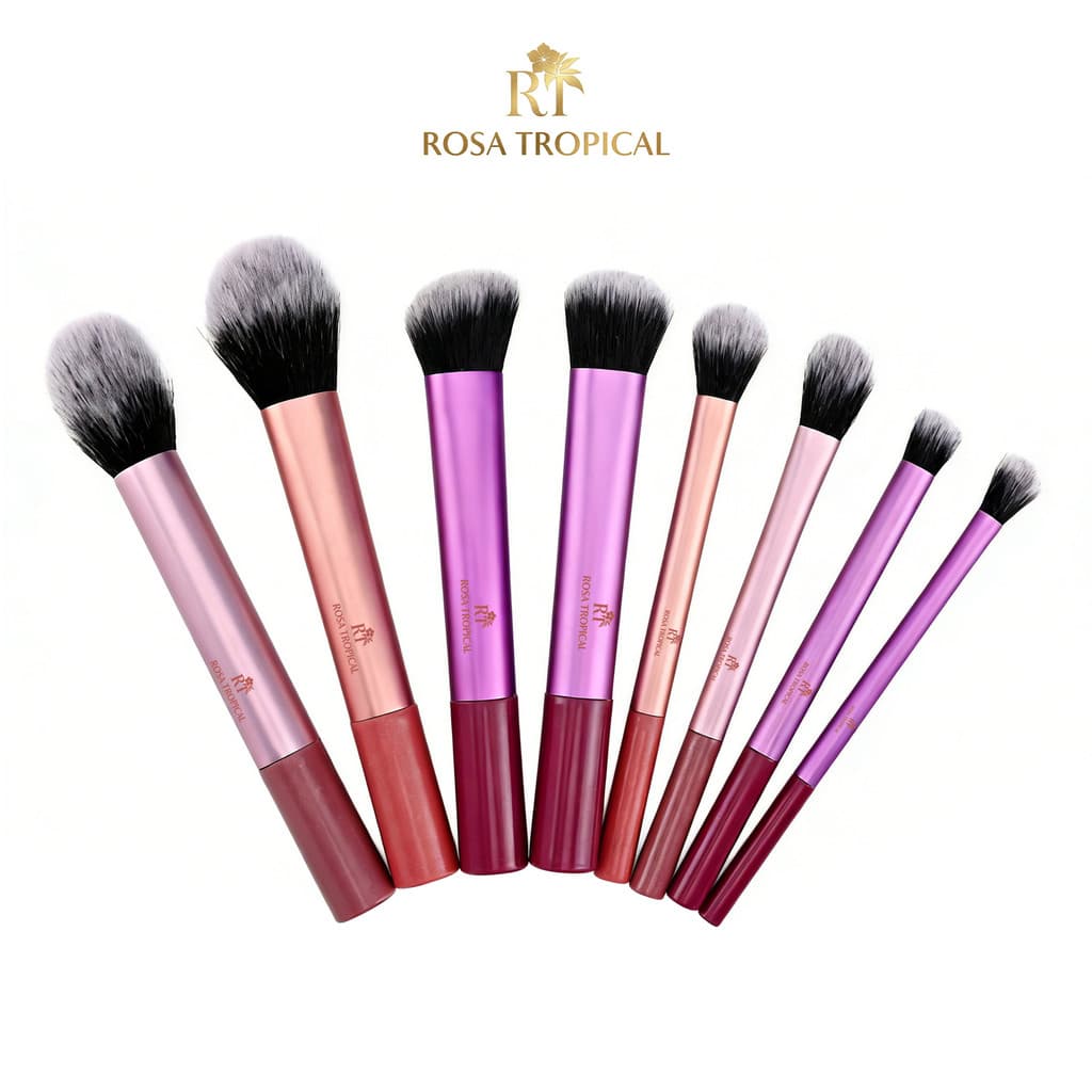 Kit de Pincéis de Maquiagem 8 Peças Essenciais para Rosto e Olhos Cerdas Macias  ROSA TROPICAL