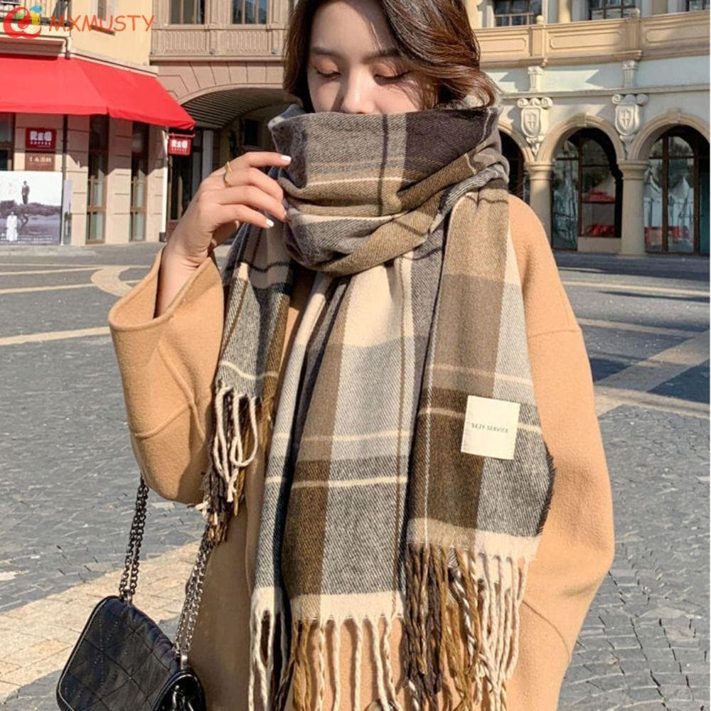 MXMUSTYZA Lenço De Lã Xadrez , Lenços De Caxemira De Inverno Com Borla , Xale Longo De Pelúcia