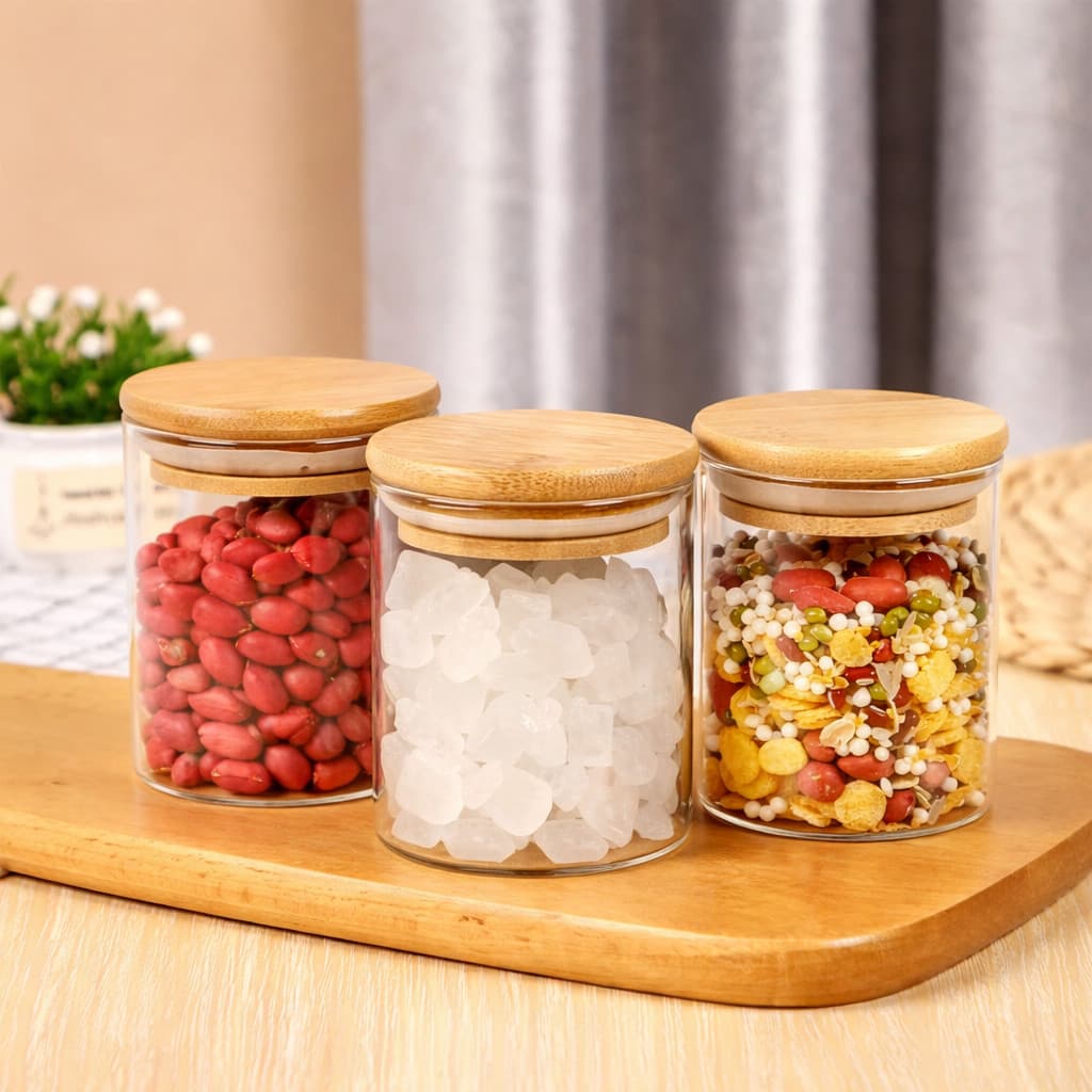 Kit 3 Potes Para Tempero Mantimentos Vidro Tampa De Bambu 300ml Organizador de Cozinha Hermetico