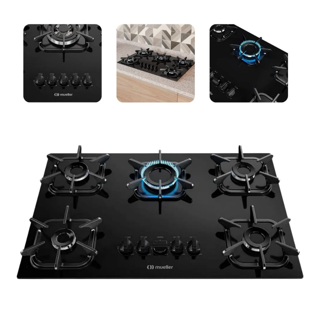 Cooktop Mueller 5 bocas com Ultra Chama e Grades de Ferro Fundido