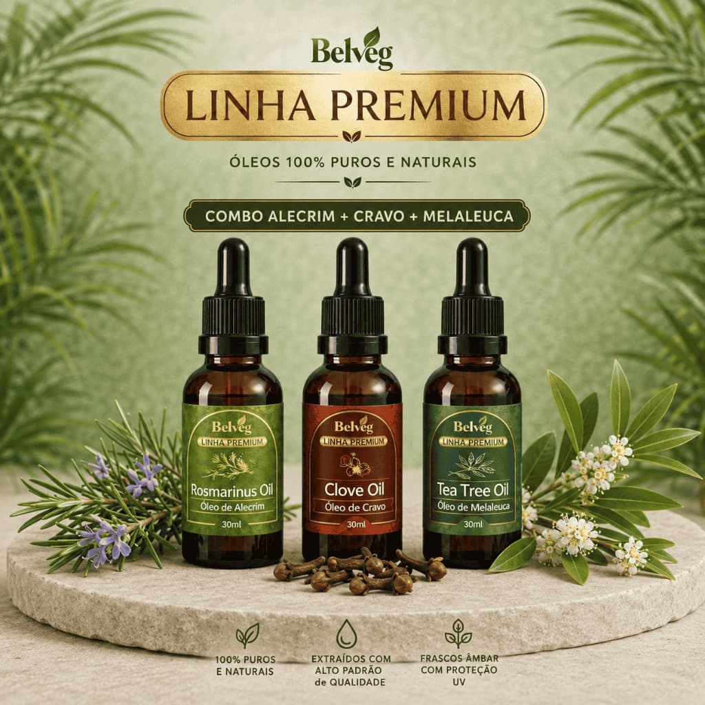 Kit 3 Óleos Alecrim Cravo e Melaleuca Belveg 100% Vegetal Cabelo Pele Barba Hidratação