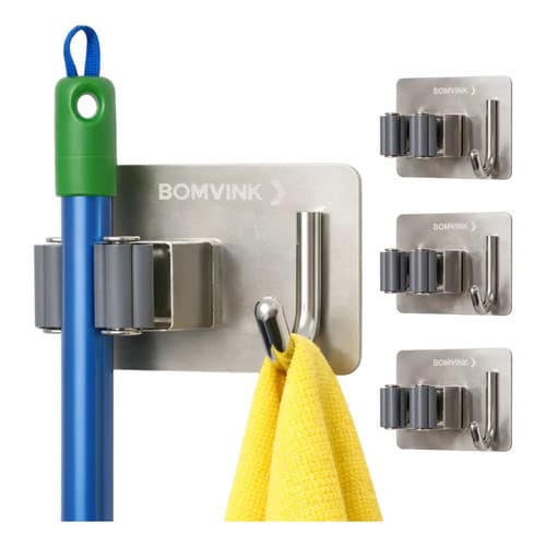 Kit 3 Suportes Vassoura Rodo Em Aço Inox Gancho Adesivo 3m Cinza