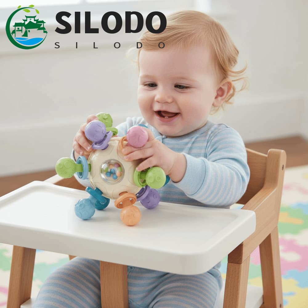 Brinquedo De Bola Multi Sensorial SILODO , Mastigar De Silicone Macio Redonda Mastigável Bebê 3 Em 1