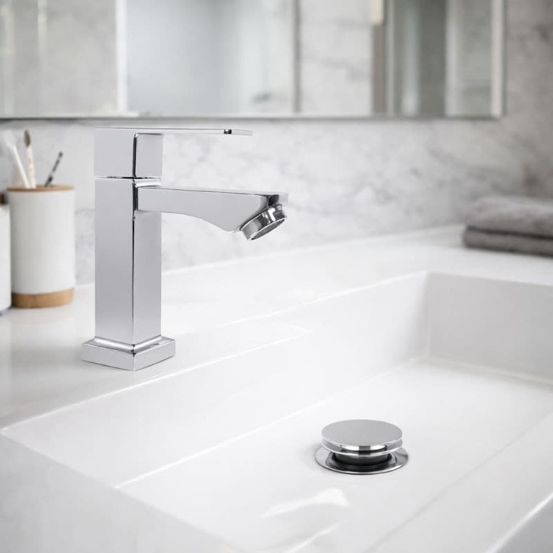 Kit De Banheiro Cromado Inox Metal Torneira + Válvula Click Moderna Lavabo Válvula 4cm De Largura