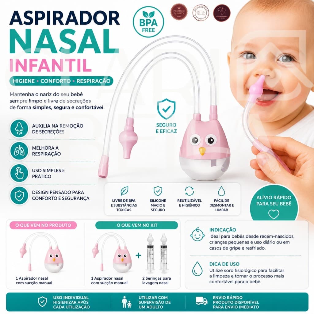 Aspirador Nasal Infantil Silicone BPA FREE Higiene Nariz