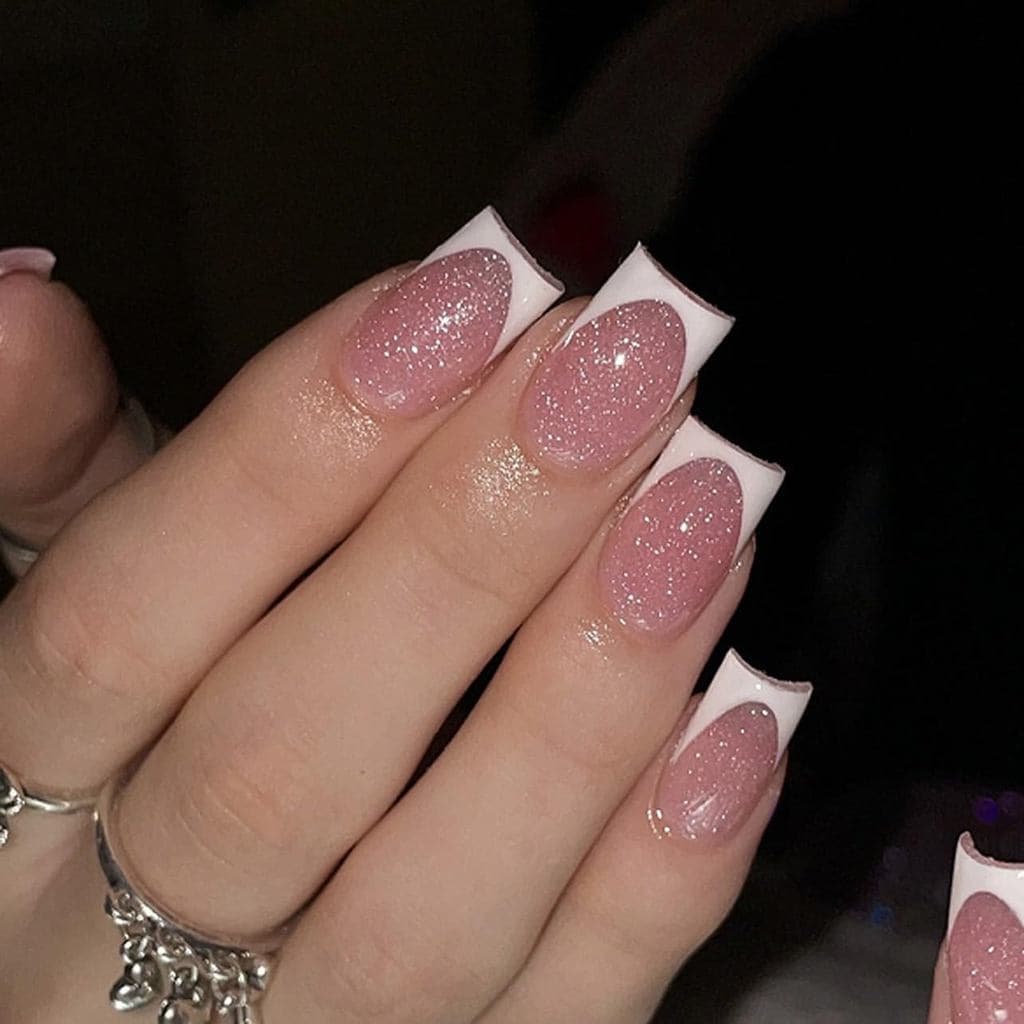 CTTHNBD Unhas Postiças Médias Quadradas - Ponta Francesa Branca - Unhas Falsas Brilhantes com Glitter - Cobertura Comple