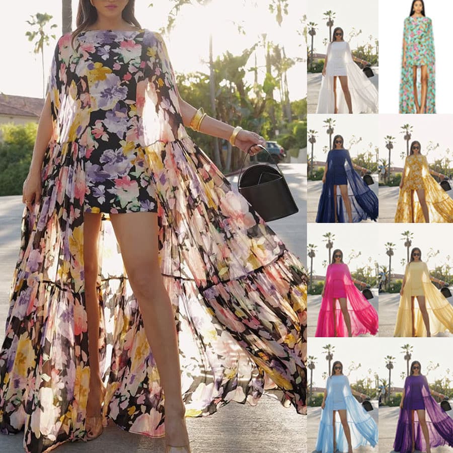 2026 europeu americano primavera verão novo estilo Chiffon impressão Multi-camada vestido INS férias casuais solto grand