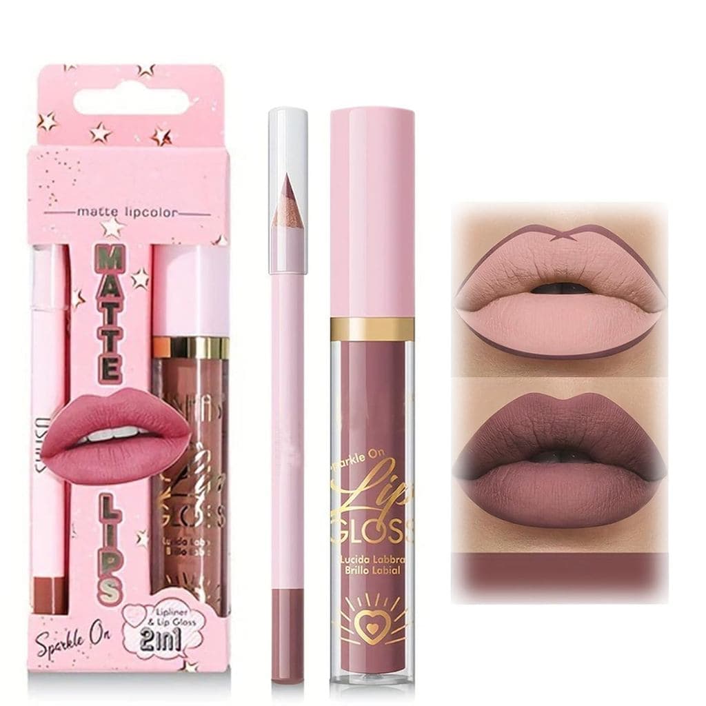Conjunto de Batom e Delineador Labial, Conjunto de Delineador Labial Líquido 2 em 1, Kit Labial com Delineador Labial e