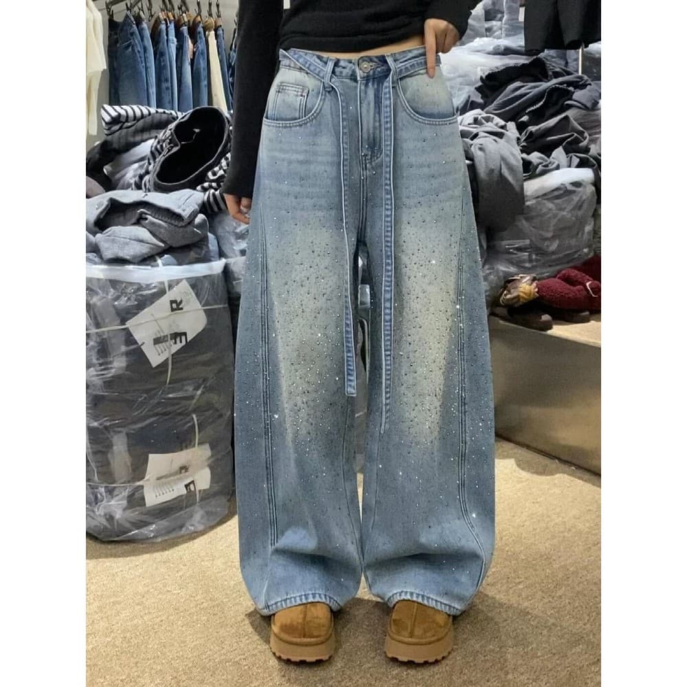 Americano Retro Design estrela quente diamante Jeans feminino 2026 primavera outono quente menina solta mais magro olhar