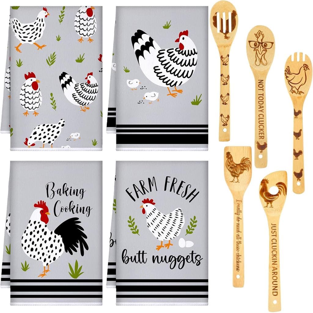 Conjunto de 9 Peças para Decoração de Cozinha Estilo Fazenda: 4 Toalhas de Cozinha e 5 Colheres de Madeira, Toalhas de M