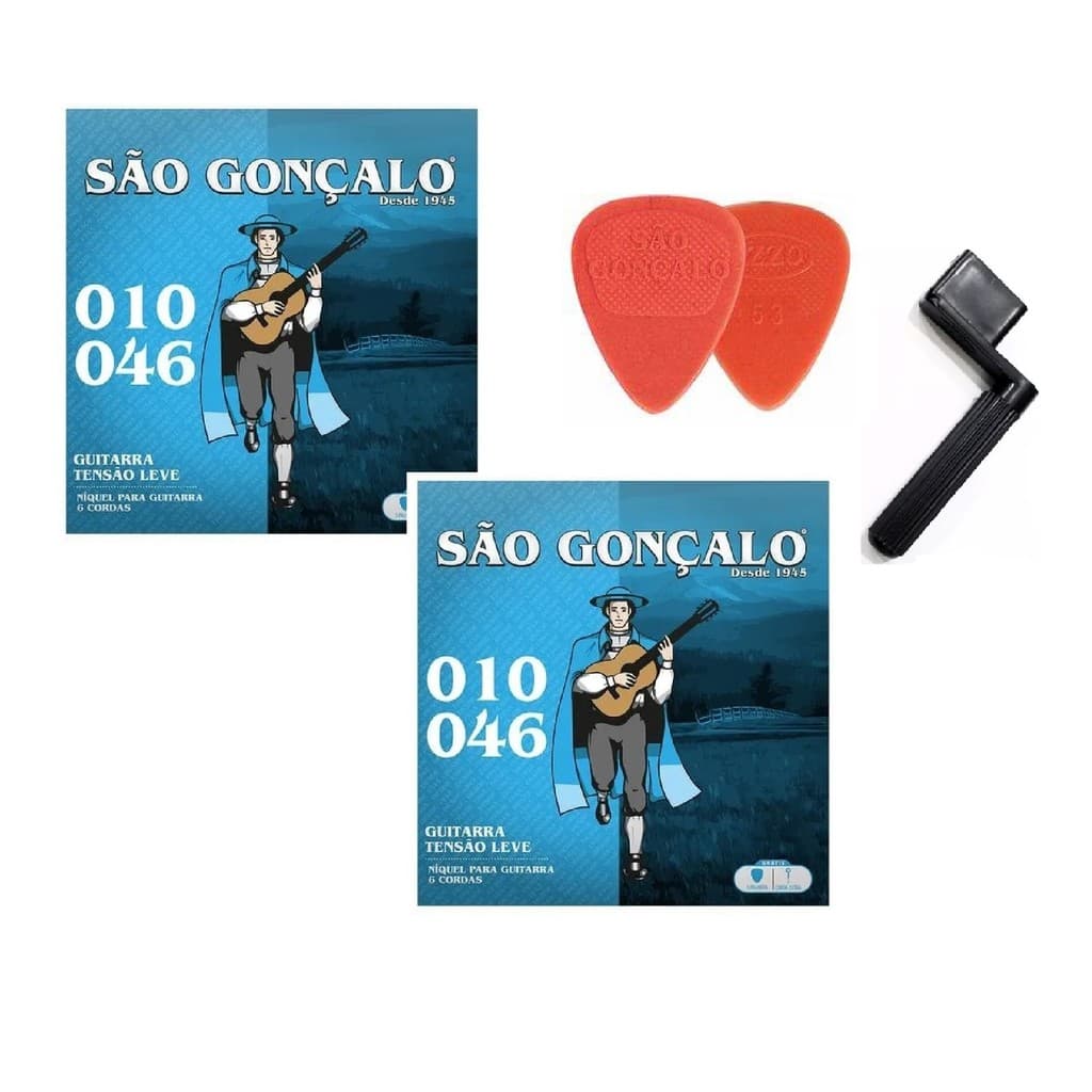 KIT ENCORDOADOR ENROLADOR + 2 JOGOS DE CORDA COMPLETO GUITARRA 010 SÃO GONÇALO + MI EXTRA + PALHETAS