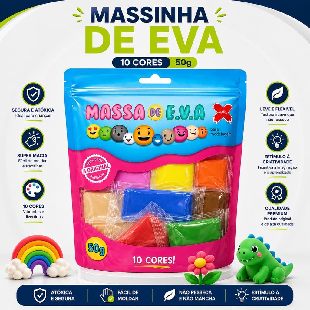 Massinha de EVA Super Macia 10 Cores 50g Não Tóxica Para Modelar e Criar