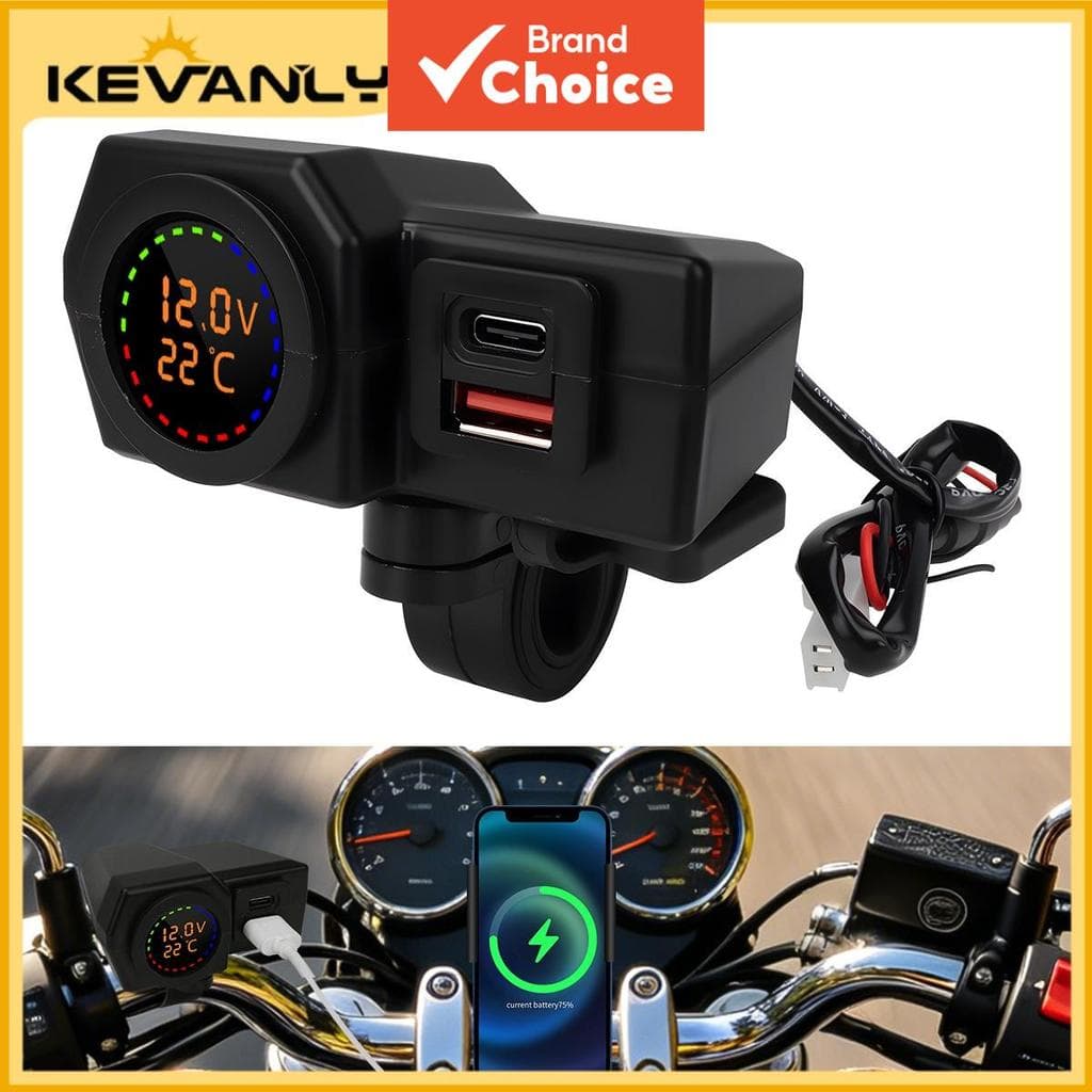KEVANLY 1pcs Carregador para Moto USB+TYPE-C Voltímetro Redondo Instalação no Guidão/Retrovisor