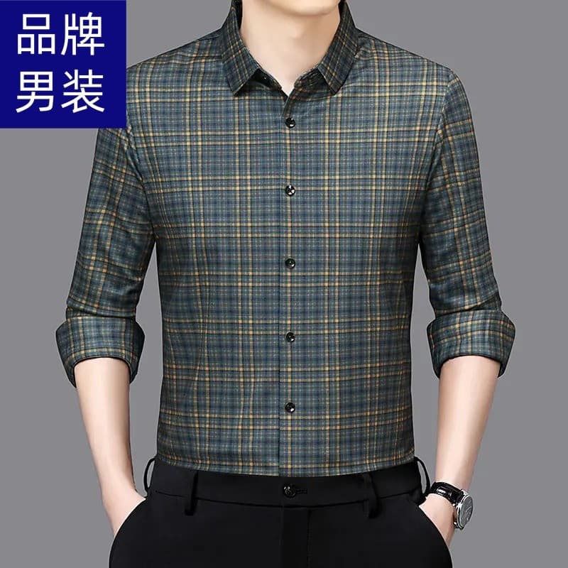 Marca primavera novo estilo camisa xadrez masculina lapela manga longa negócios Casual com camisa de lã de seda amoreira