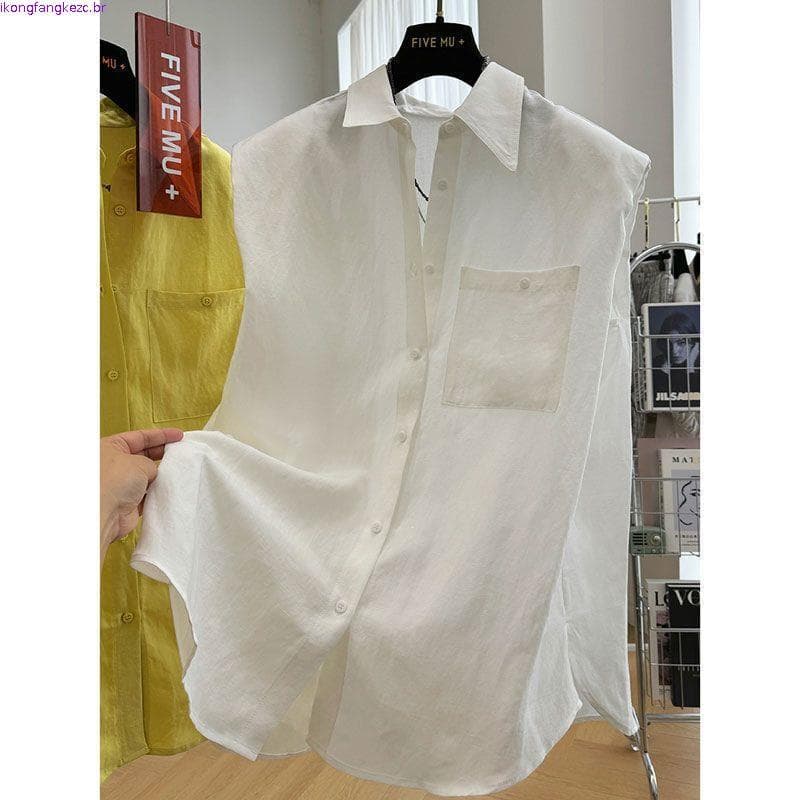 Blusa Feminina Com Decote Em V Ombro Acolchoado Sem Mangas Trabalho Escritório Sólido Regata Oversized Botão Para Baixo