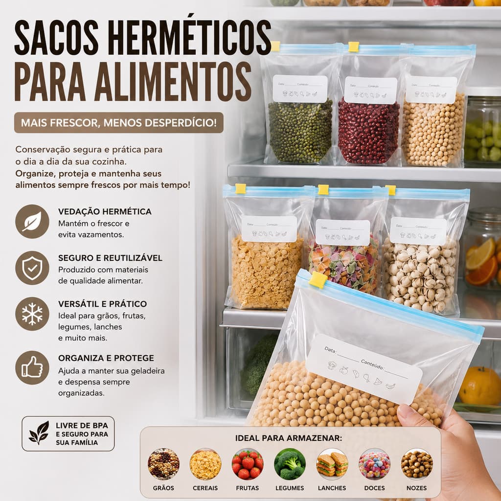 Kit 20 Sacos Para Armazenar Alimentos Reutilizáveis Congelador Transparentes com Zíper
