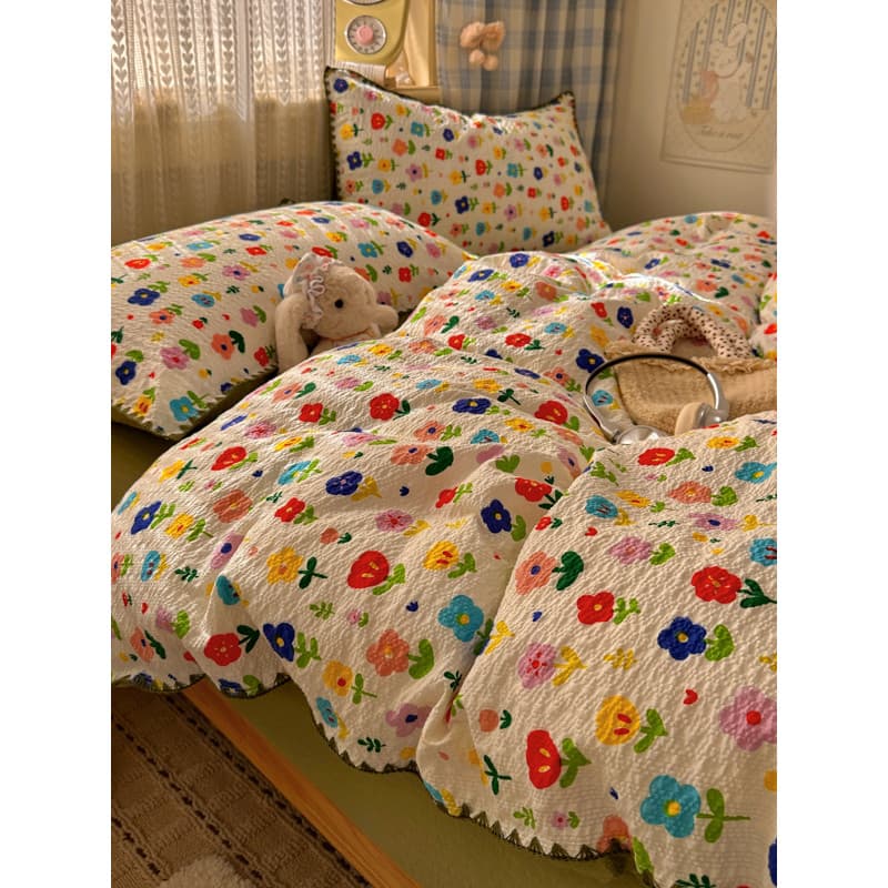 Monet Style ins Floral Lençol Conjunto de quatro peças Shell Edge Capa de edredão macia Dormitório único Conjunto de trê
