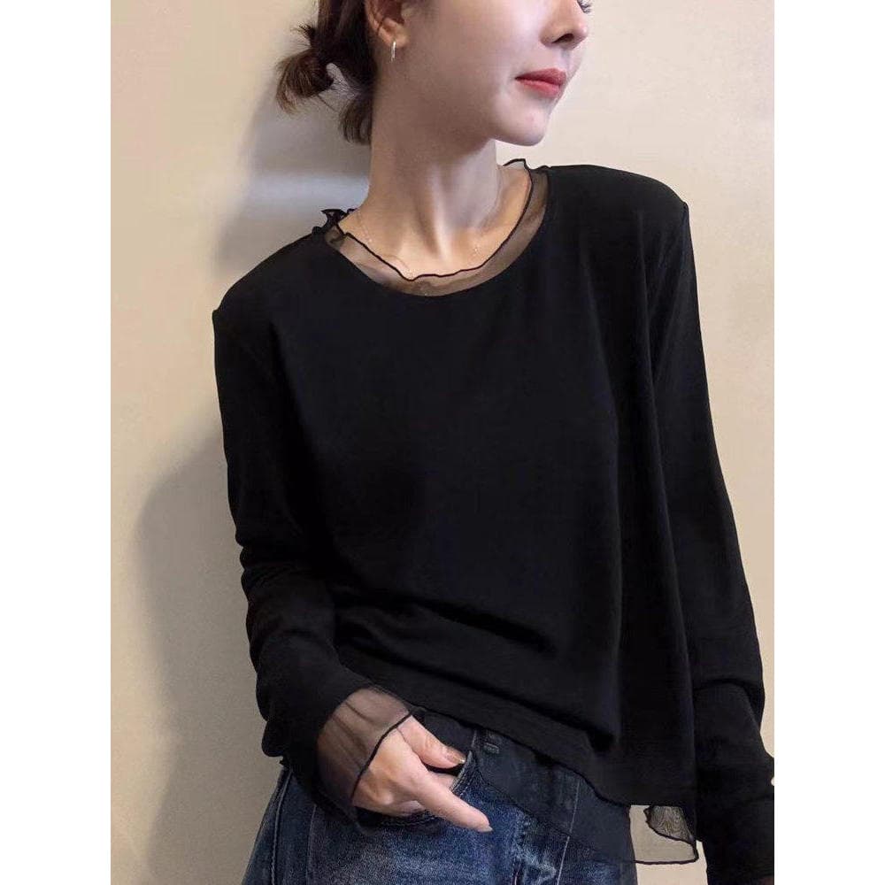 Produtos europeus gaze costura manga comprida camiseta feminina 2026 outono inverno novo estilo Casual camisa de fundo i